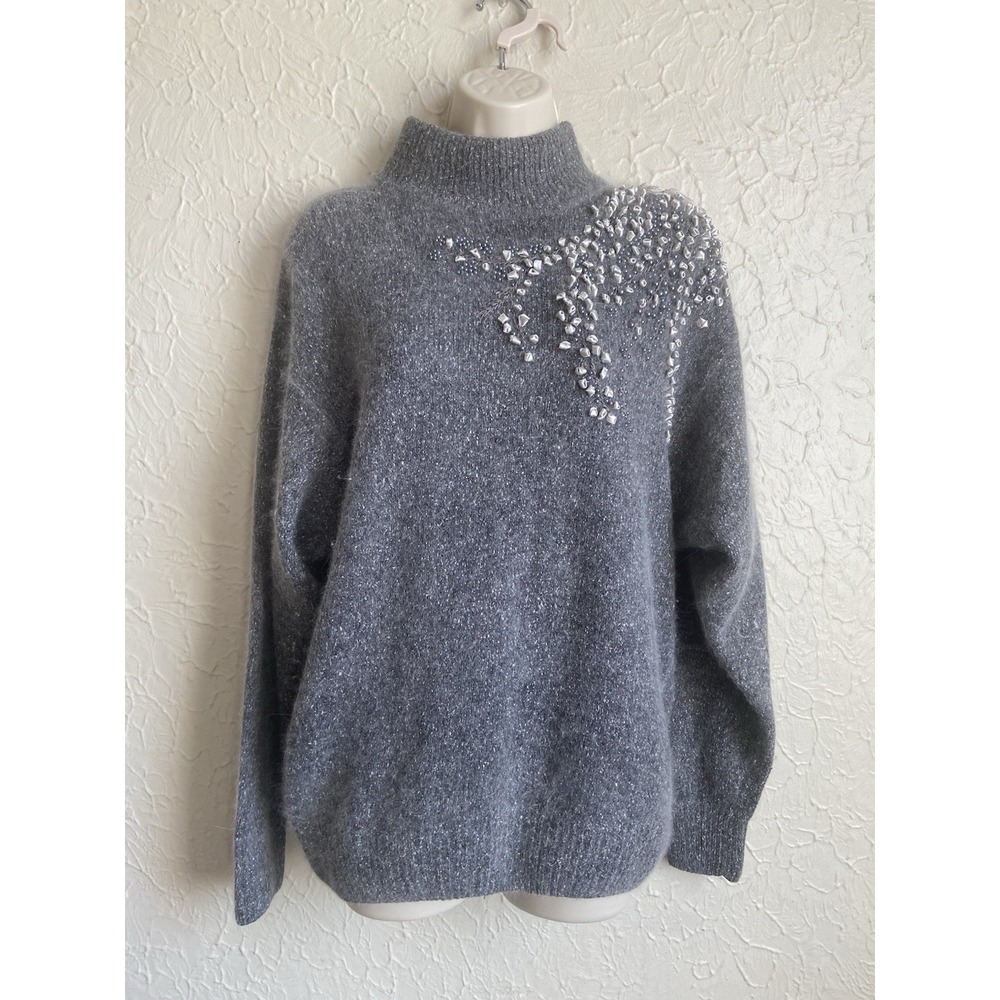 VTG I.B. Diffusion beaded silk/angora/wool blend gray Sz L Soft sweater classy